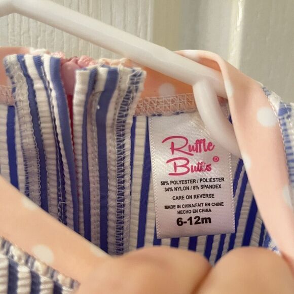 RuffleButts Seersucker One Piece Rash Guard Swimsuit Blue Pink Size 6-12 Months - Picture 9 of 15